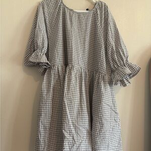 Gray Gingham Ruffle-Sleeve Casual Dress